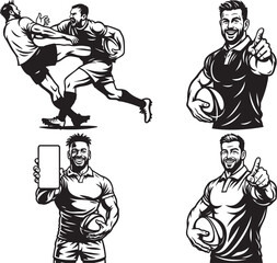 A set of four black and white vector illustrations featuring muscular rugby players in various poses, including tackling and holding a smartphone.