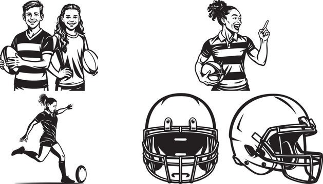 Rugby and American football themed vector graphics in black and white.