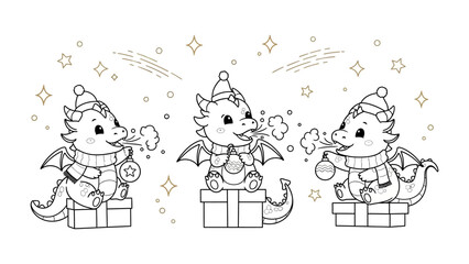 Festive Dragon Trio: Adorable illustrations of three friendly dragons, each donned in winter attire and perched atop presents, ready to spread seasonal cheer.