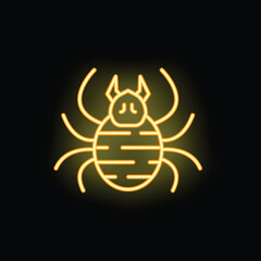 Yellow neon sign depicting a spider with a big abdomen, isolated on a black background