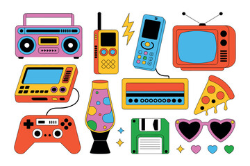 A collection of colorful 1980s and 1990s era technology and pop culture items is depicted.