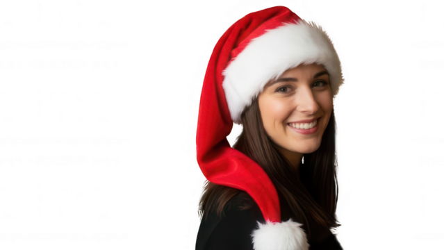 Smiling woman wearing a red santa hat isolated on transparent background