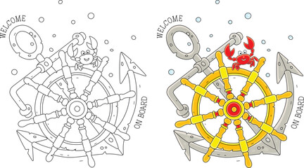 Cartoony red small crab waving its claws in greeting on an old wooden helm with a rusty anchor from a sunken filibuster sailboat on a seabed, color and black-and-white vector cartoon illustrations