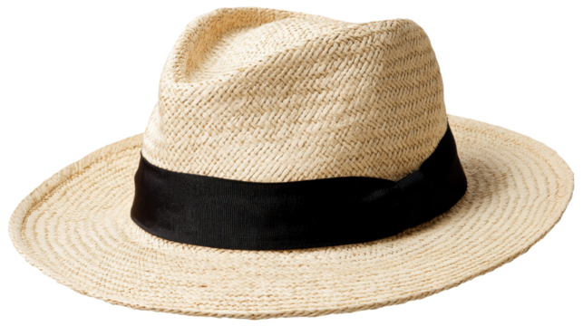 Straw fedora hat with black band on isolated background