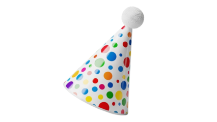 Colorful polka dot party hat with white pom-pom
