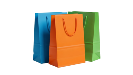 Colorful shopping bags in blue, orange, and green with handles