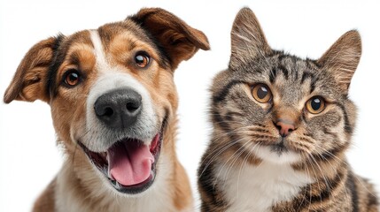 Fototapeta premium Happy dog and curious cat together on white background, background with selective focus and copy space