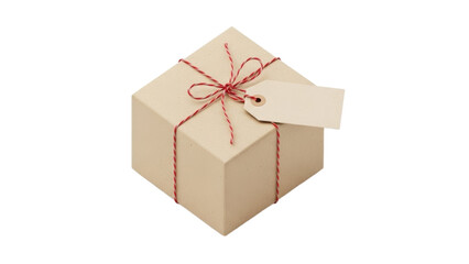 Brown gift box with red twine and blank tag on isolated background