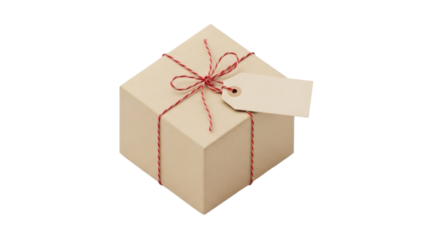 Brown gift box with red twine and blank tag on isolated background