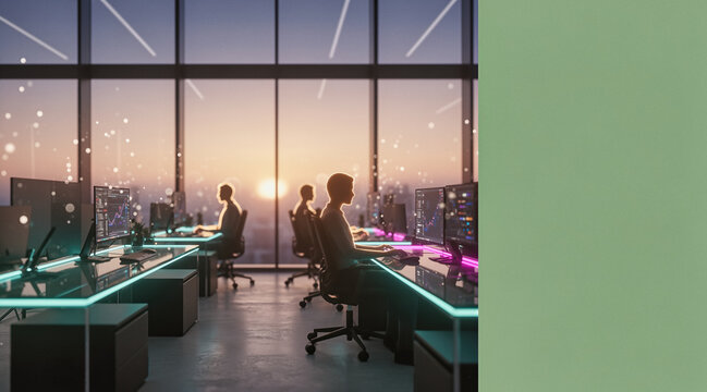 Silhouettes of people working at computer stations in a modern office with glowing desks and large windows overlooking a sunset. - Powered by Adobe
