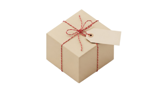 Brown gift box with red twine and blank tag on isolated background