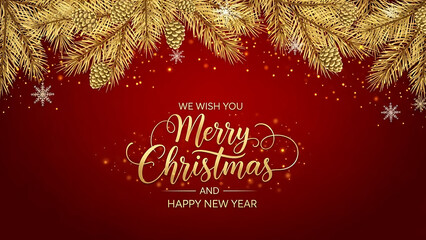 Golden festive christmas and new year greeting card featuring elegant fir tree branches, pinecones, sparkling snowflakes, and glowing bokeh lights on a rich red background, conveying warm holiday seas