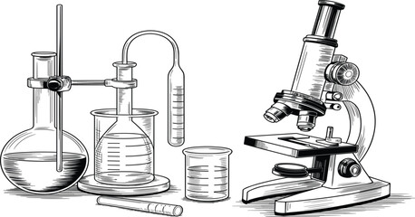 Laboratory Equipment Engraving Vector Set, Microscope, Flasks, and Beakers Sketch, Science and Chemistry Research Woodcut Illustration