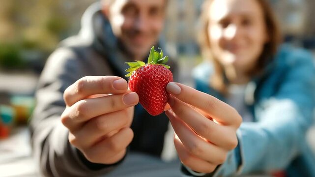 Close-up of two hands holding a strawberry together, couple blurred in the background as they lean toward each other, gentle romantic atmosphere, with copy space