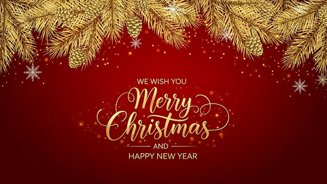 Golden festive christmas and new year greeting card featuring elegant fir tree branches, pinecones, sparkling snowflakes, and glowing bokeh lights on a rich red background, conveying warm holiday seas - Powered by Adobe