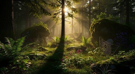 Sunlit Forest Floor with Mossy Rocks and Ferns