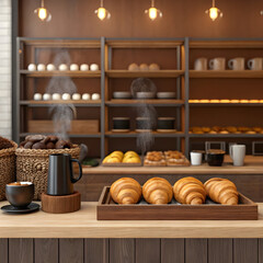 Warm bakery counter display with steaming coffee mug and fresh croissants full hd 4k stock image download