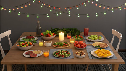 Festive dinner table setup with colorful string lights and abundant food full hd 4k stock image download