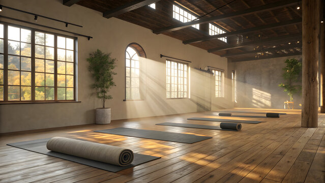 Empty yoga studio with wooden floor mats and sunbeams streaming through windows full hd 4k stock image download