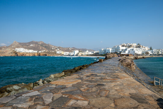 View of the Chora of Naxos town viewed from the causeway to the Temple of Apollo