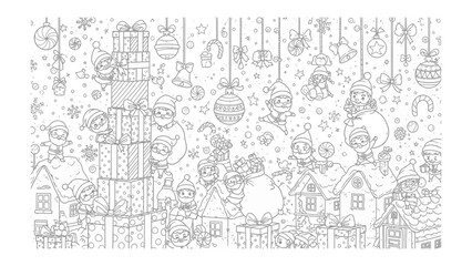 Enchanted Christmas Village: Delightful monochrome scene of a quaint Christmas village, filled with joyful elves, twinkling decorations, and wrapped presents.
