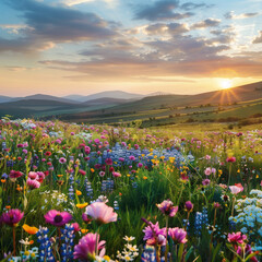 A vast field of flowers stretches endlessly across the landscape, bursting with vibrant colors and creating a breathtaking, dreamlike view