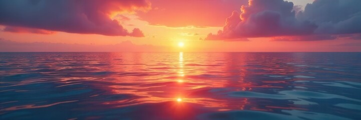 Fototapeta premium Vibrant sunrise hues illuminate still ocean surface, gentle ripples , ripples, calm