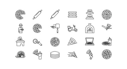 Collection of pizza icons vector illustration of food preparation cooking and delivery service