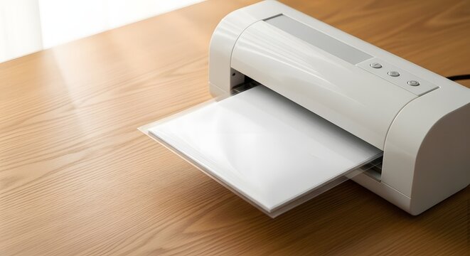 White lamination machine processing documents on a light wooden desk under natural window light for document protection concept and office efficiency