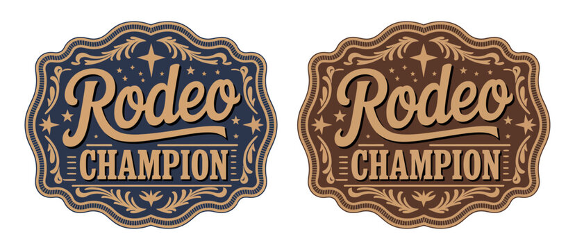 Rodeo champion cowboy belt buckle emblem featuring bull rider medal and ornate typographic design, perfect for western branding, sports awards, apparel graphics, event logos, posters, and detailed vec