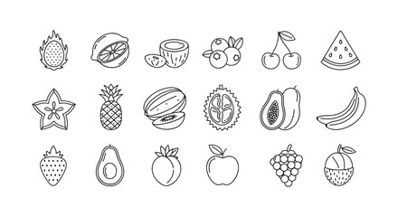 Set of fruit icons vector collection outline stroke design healthy organic fresh food