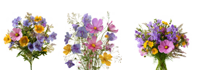 Three colorful floral bouquets with delicate petals and green stems isolated on transparent background