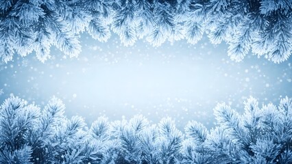 Frosty pine tree branches frame a snowy winter background with falling snowflakes