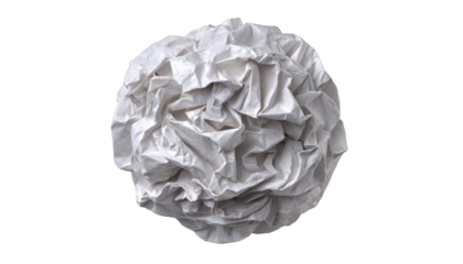 Crumpled white paper ball showcasing texture and detail on a transparent background