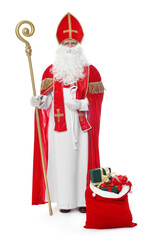 Saint Nicholas with crozier and sack full of gifts on white background