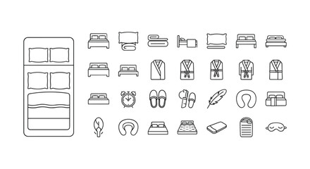 Bedtime vector collection of icons set line style for sleeping and rest including pillows and robe