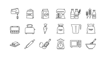Baking kitchen equipment and cooking ingredient icons for recipe outline black line style set