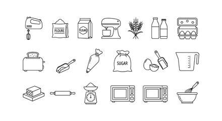 Set of kitchen cooking tools and baking ingredient icons in vector black outline design