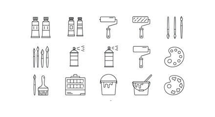 Art painting line icons set with roller, brush, tube paints and color palette at white background
