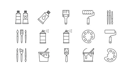 Painting line icons set with brushes, paints, sprays, rollers, color palette at white background