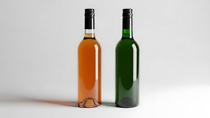 Obraz premium Contrasting two bottles: amber liquid, empty green, studio setup.