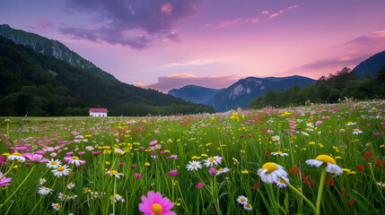 A vast field of flowers stretches endlessly across the landscape, bursting with vibrant colors and creating a breathtaking, dreamlike view
