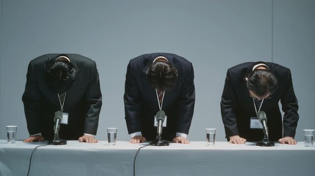 男性が記者会見で深く頭を下げる姿