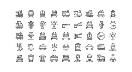 Collection of outline icon set railroad railway train cargo station infrastructure transportation travel