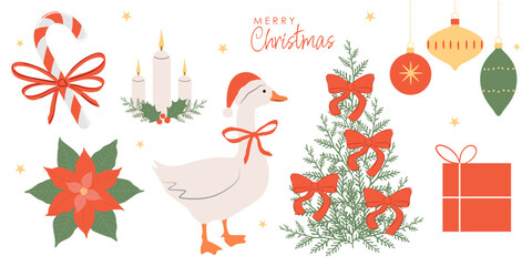 Set of festive winter elements in flat style, hand drawn, goose, candle, Christmas tree, mistletoe, candy cane, poinsettia, gift.