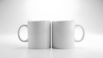 Fototapeta premium Two identical blank white ceramic coffee mugs on light background