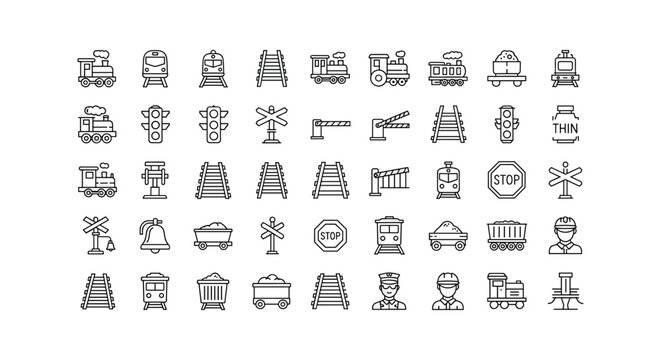 Collection of outline icon set railroad railway train cargo station infrastructure transportation travel