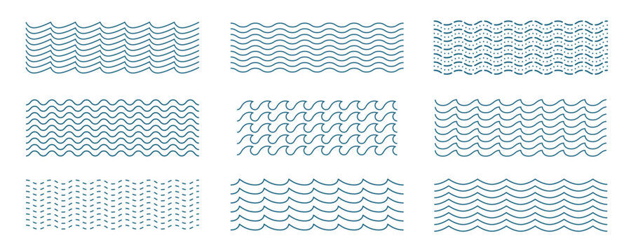 Wavy Horizontal Lines Ornament Pattern Set. Zig Zag Sea Wave Thin Lines. Vector Undulate Squiggly Sine Design Elements Collection. Curvy Wiggle Waveform Frame Corrugated Background Illustration