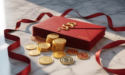 Prosperity arrives with the Chinese New Year celebration, bringing wealth and good fortune with golden coins and red envelopes for gifts and blessings