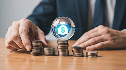 Financial concept featuring stacking coins and a global money bag icon. - Powered by Adobe